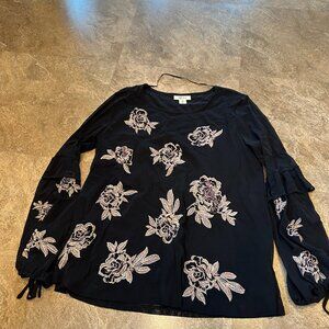 Style and Co Women's Black & Tan Flowered Sheer and Lined Blouse - Size Small
